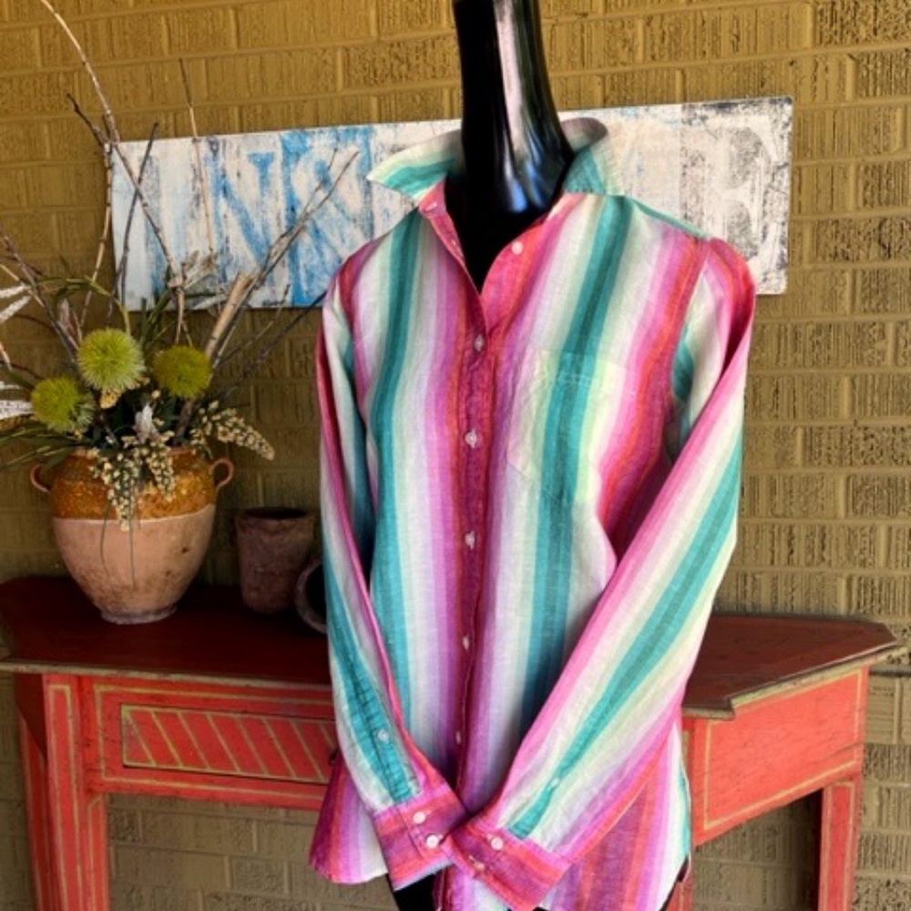 Women's J. Crew, Rainbow Brights, Striped Linen LS Top/Shirt/Blouse 4